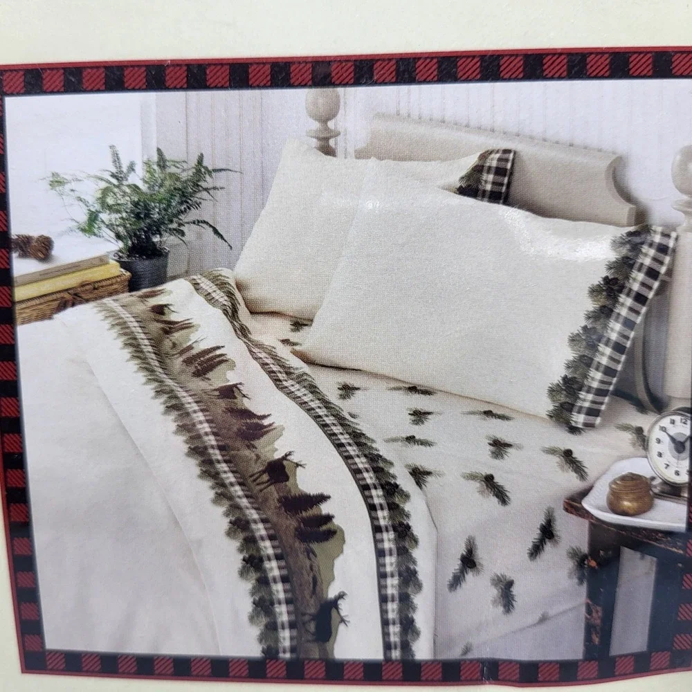 Woolrich Flannel Sheet Set Queen 4pc Moose Mountain Cabin Scenic Cream Green Red